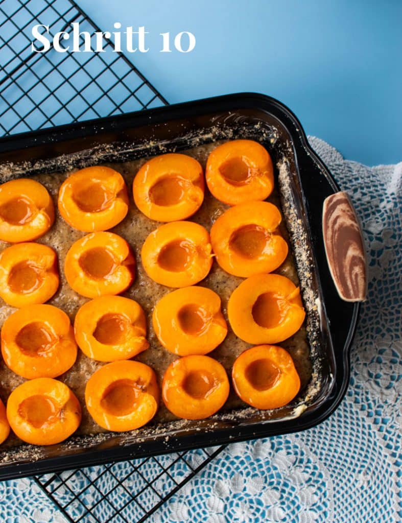 Anleitung Schritt 10: Der fertige Haselnussteig mit Aprikosenbelag vor dem Backen. 