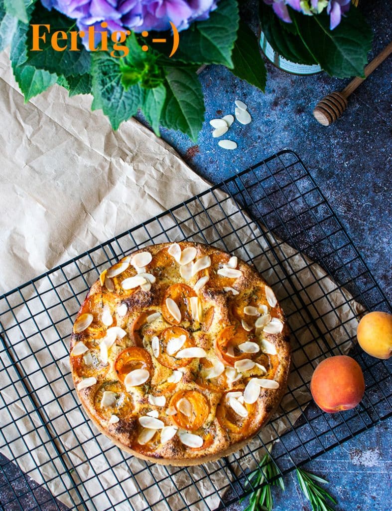 Der fertig gebackene Mandelmehlkuchen mit Aprikosen und Rosmarin von oben aus der Vogelperspektive.
