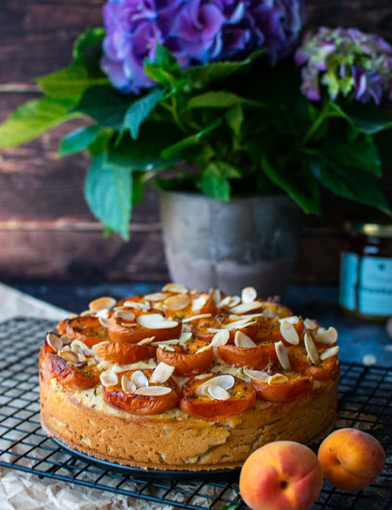 Mein Nicht-Mandelmehlkuchen wunderschön anzusehen auf einem Kuchengitter